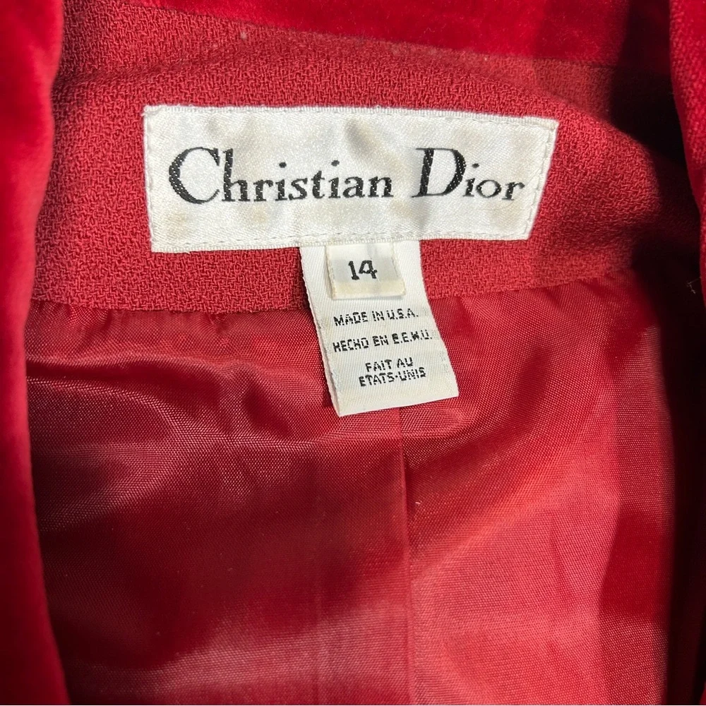 Vintage Christian Dior Double Breasted Red Wool Suit Jacket and Skirt Size 14